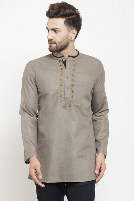 Buy Men's Poly Cotton Embroidery Short Kurta in Grey