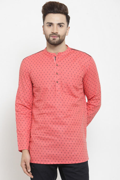 Buy Men's Blended Cotton Printed Short Kurta In Mauve