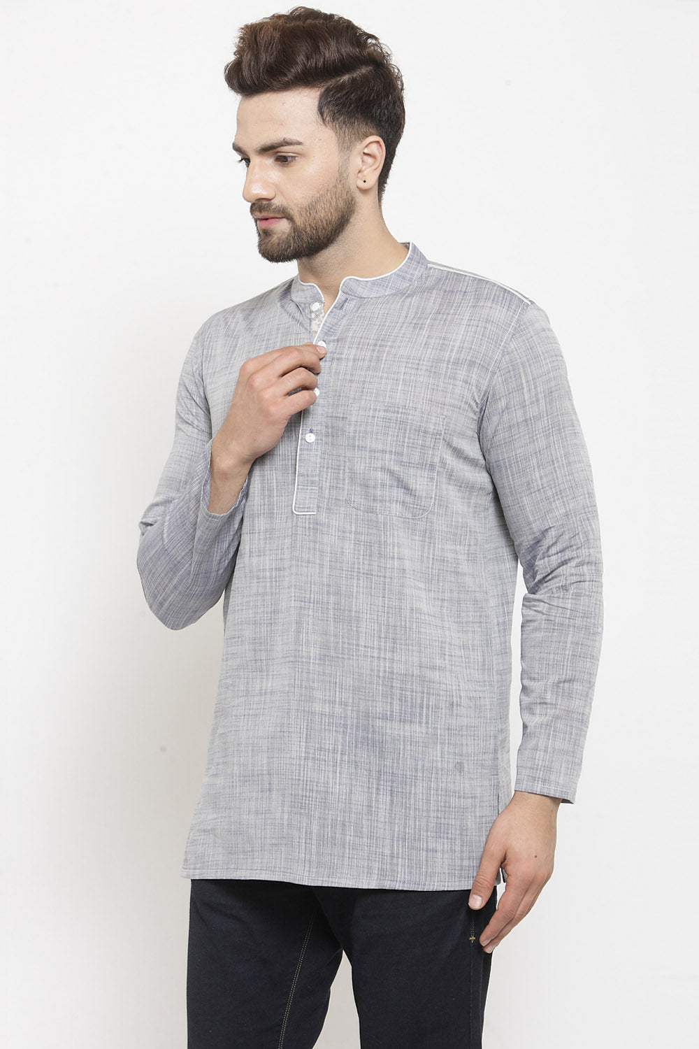 Men's Blended Cotton Short Kurta In Grey