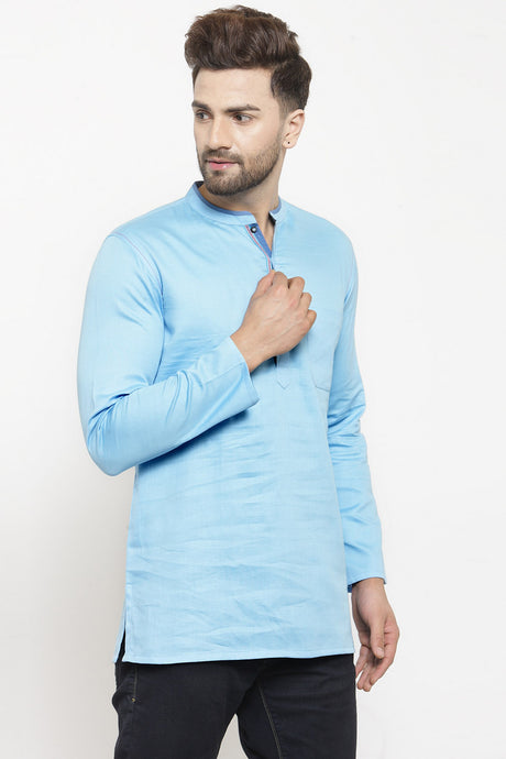 Men's Blended Cotton Short Kurta Top In Sky Blue