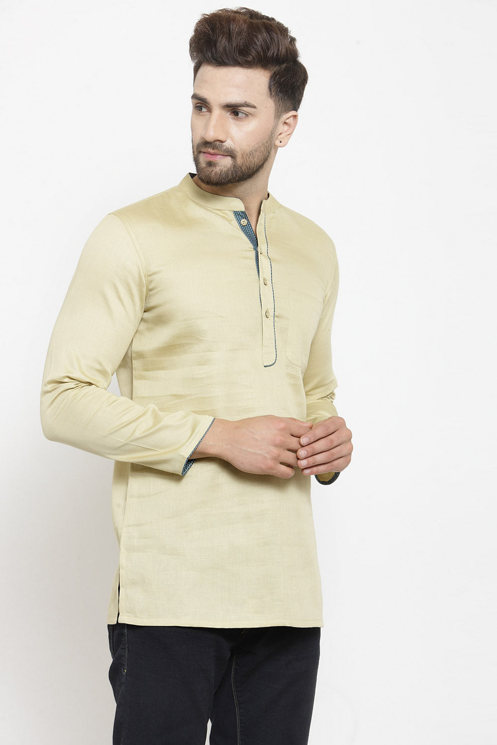 Men's Blended Cotton Short Kurta Top In Beige