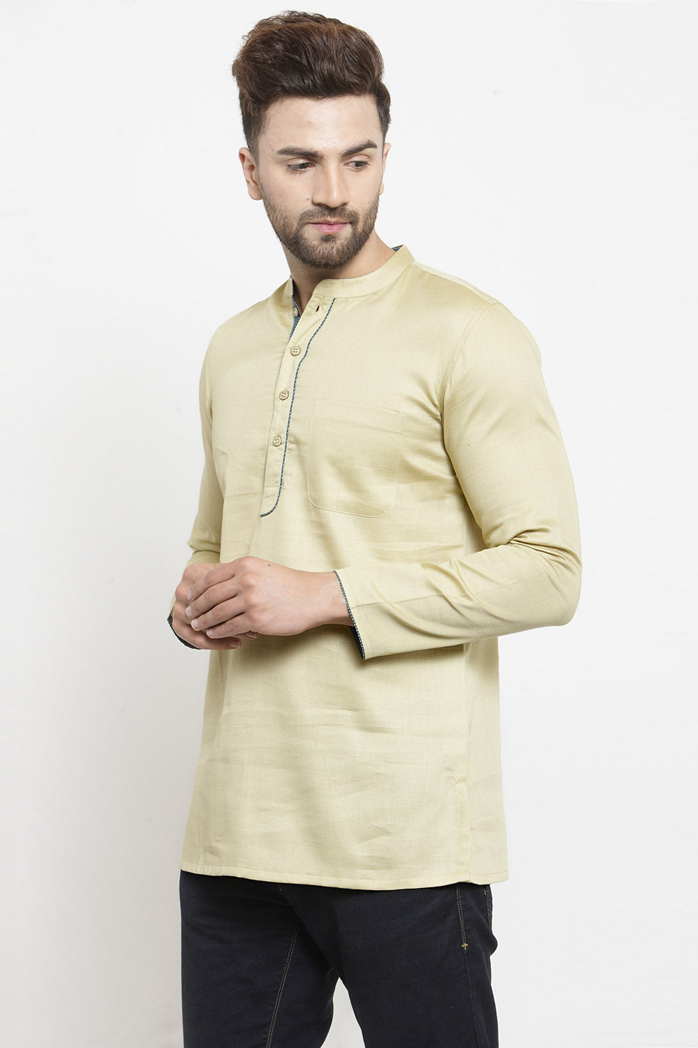 Men's Blended Cotton Short Kurta Top In Beige