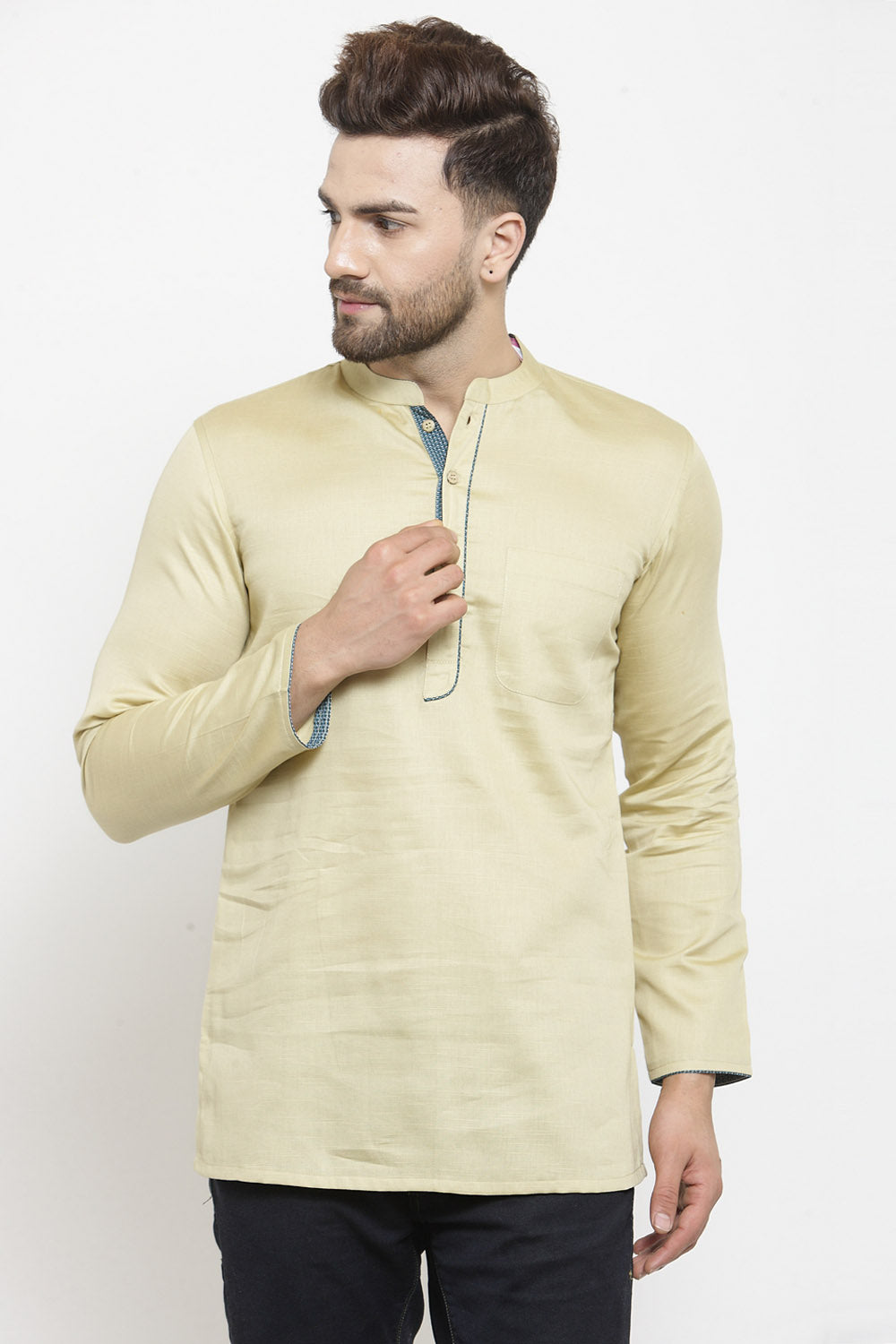 Men's Blended Cotton Short Kurta Top In Beige