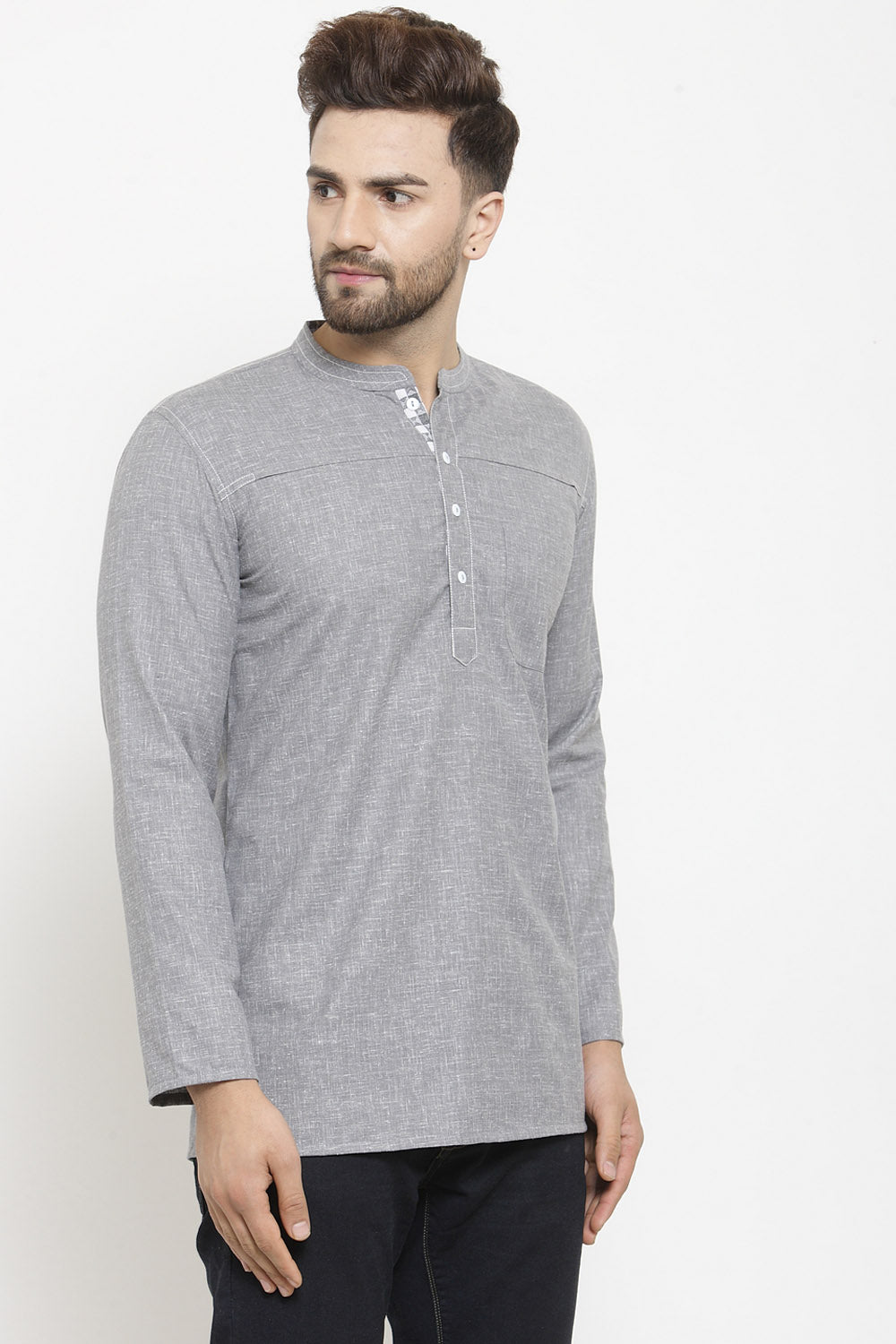 Men's Blended Cotton Short Kurta Top In Dark Grey