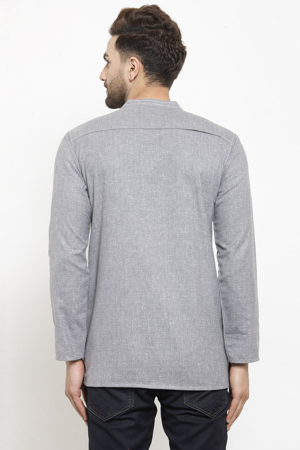 Men's Blended Cotton Short Kurta Top In Dark Grey