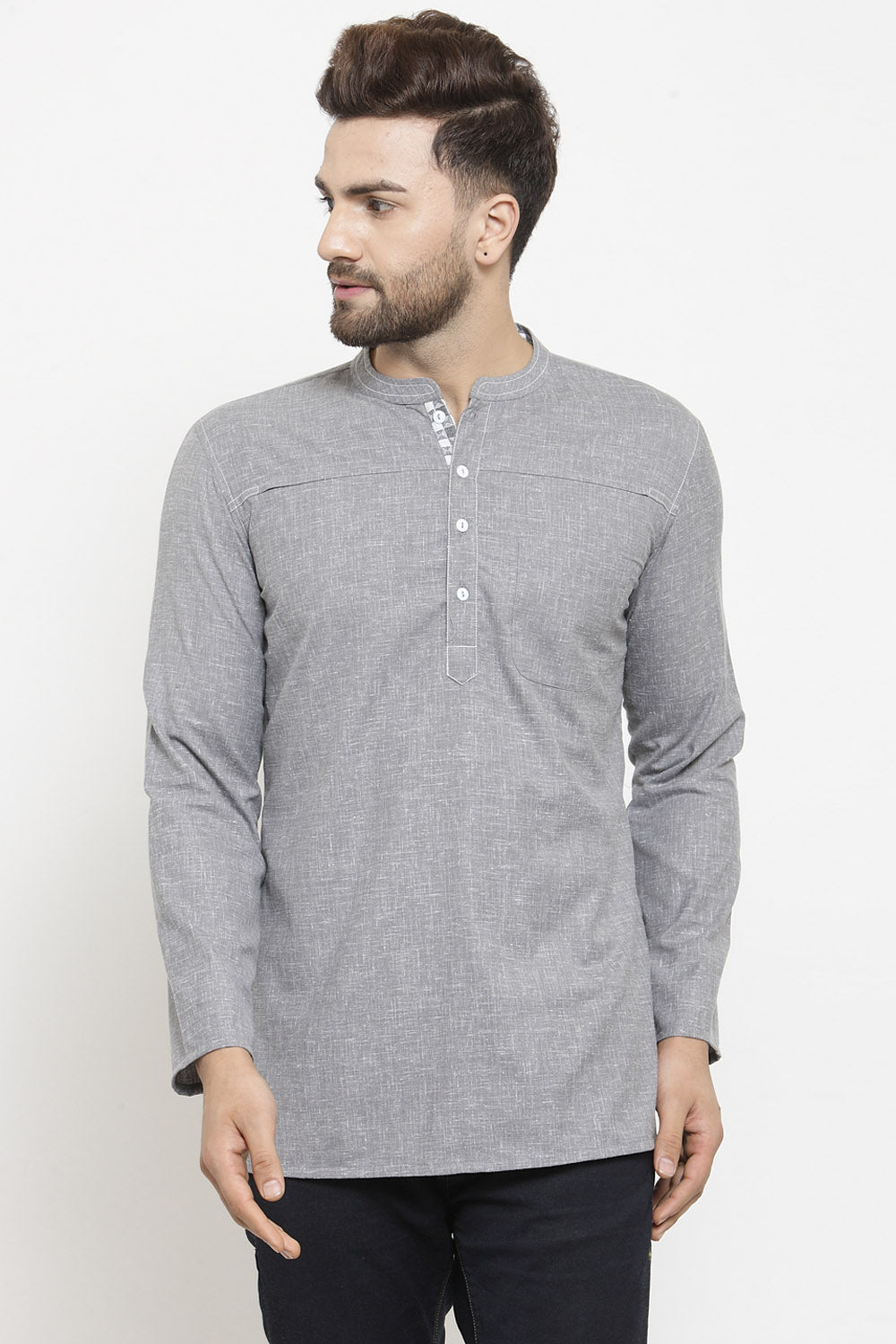 Men's Blended Cotton Short Kurta Top In Dark Grey