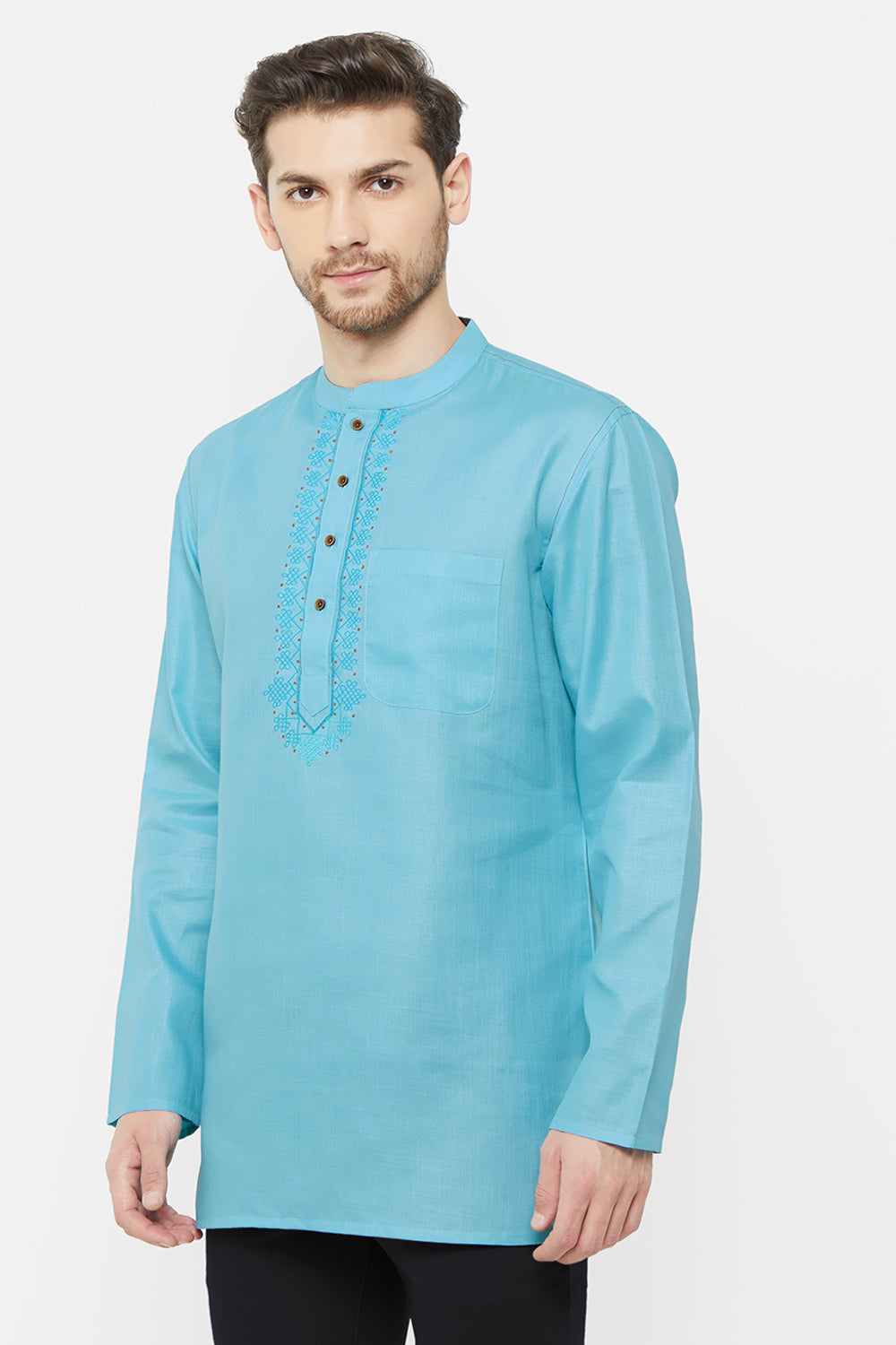 Men's Blended Cotton Short Kurta In Sky Blue