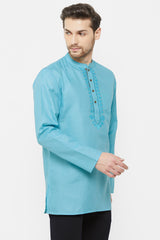 Men's Blended Cotton Short Kurta In Sky Blue