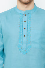 Men's Blended Cotton Short Kurta In Sky Blue