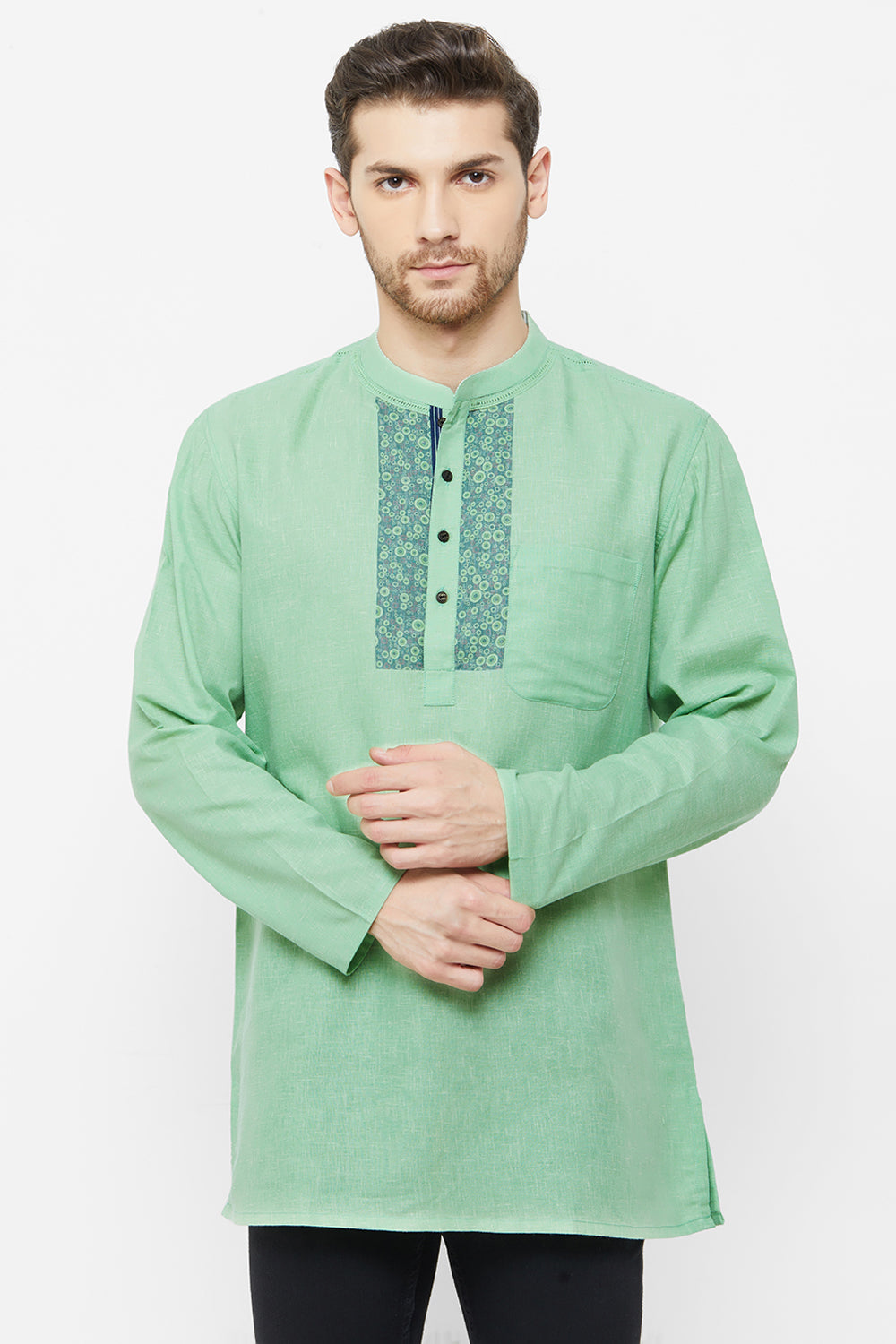 Blended Cotton Short Kurta in Green Online