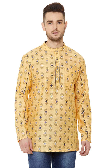 Buy Men's Blended Cotton Block Printed Short Kurta In Yellow