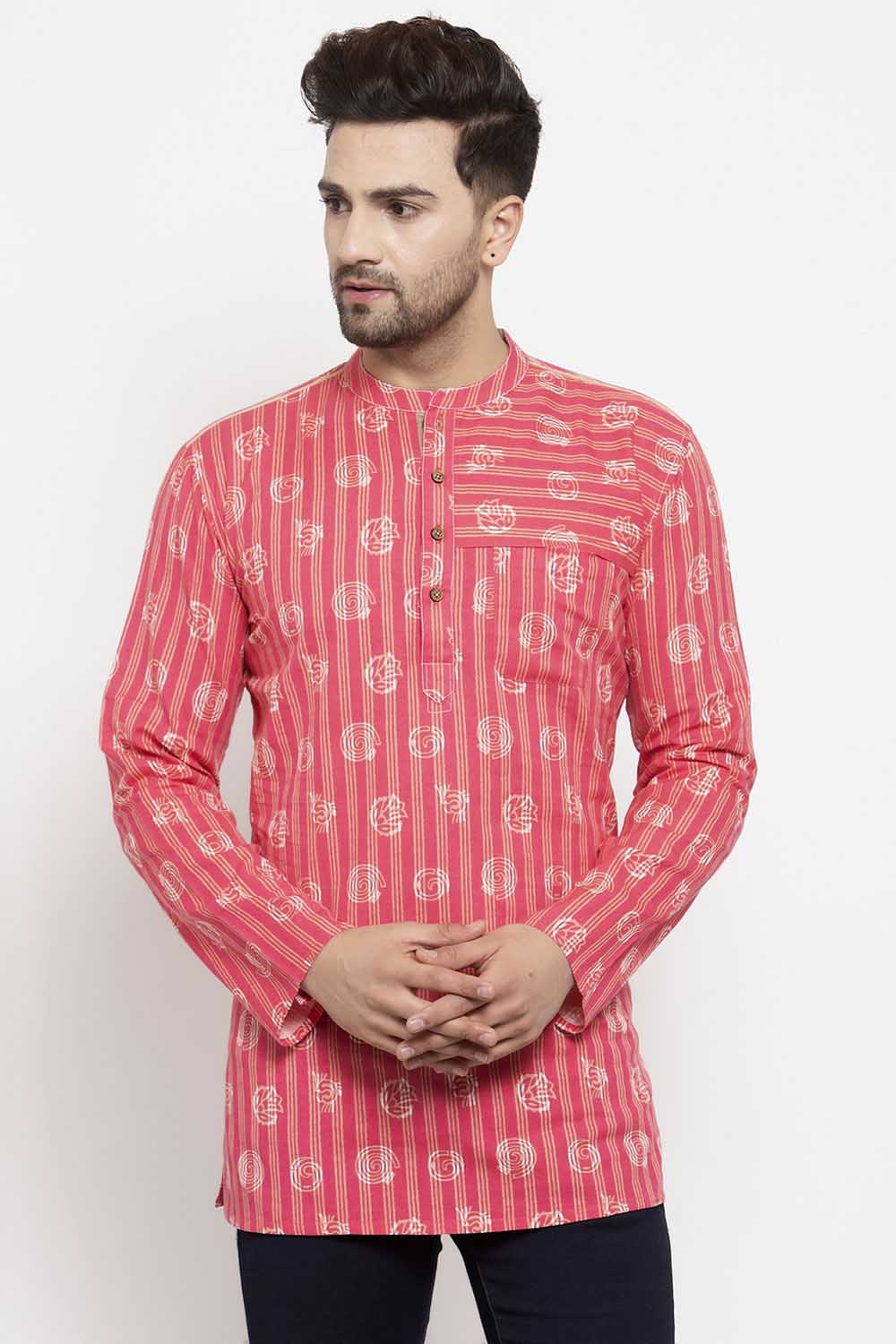 Buy Men's Blended Cotton Block Printed Short Kurta In Red