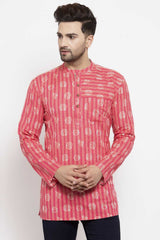 Buy Men's Blended Cotton Block Printed Short Kurta In Red