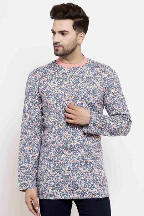 Buy Men's Blended Cotton Block Printed Short Kurta In Grey