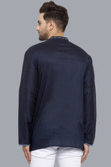 Men's Dark Blue Cotton Silk Embroidered Full Sleeves Short Kurta