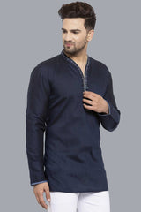 Men's Dark Blue Cotton Silk Embroidered Full Sleeves Short Kurta