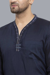 Men's Dark Blue Cotton Silk Embroidered Full Sleeves Short Kurta