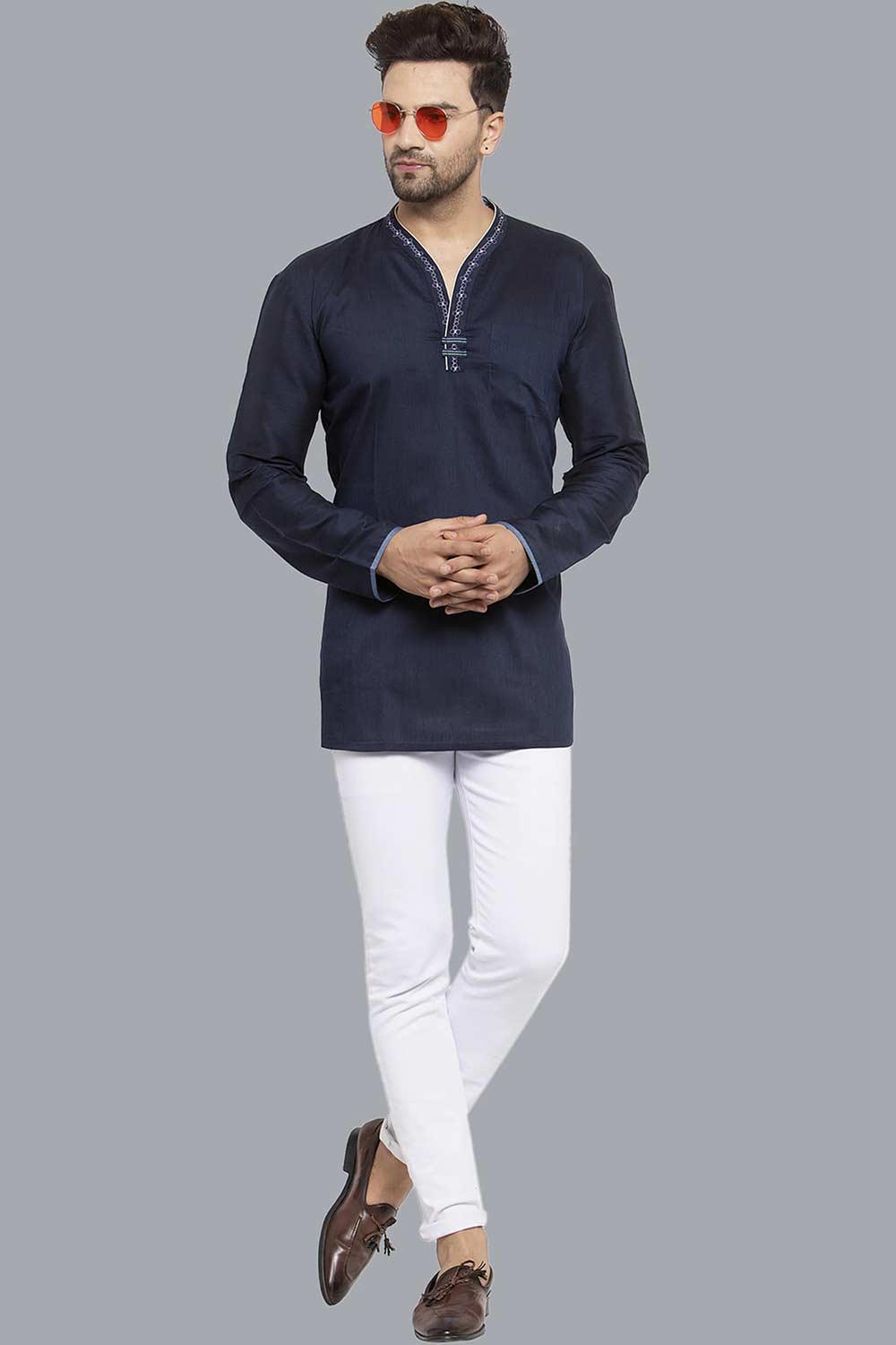 Men's Dark Blue Cotton Silk Embroidered Full Sleeves Short Kurta