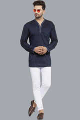 Men's Dark Blue Cotton Silk Embroidered Full Sleeves Short Kurta