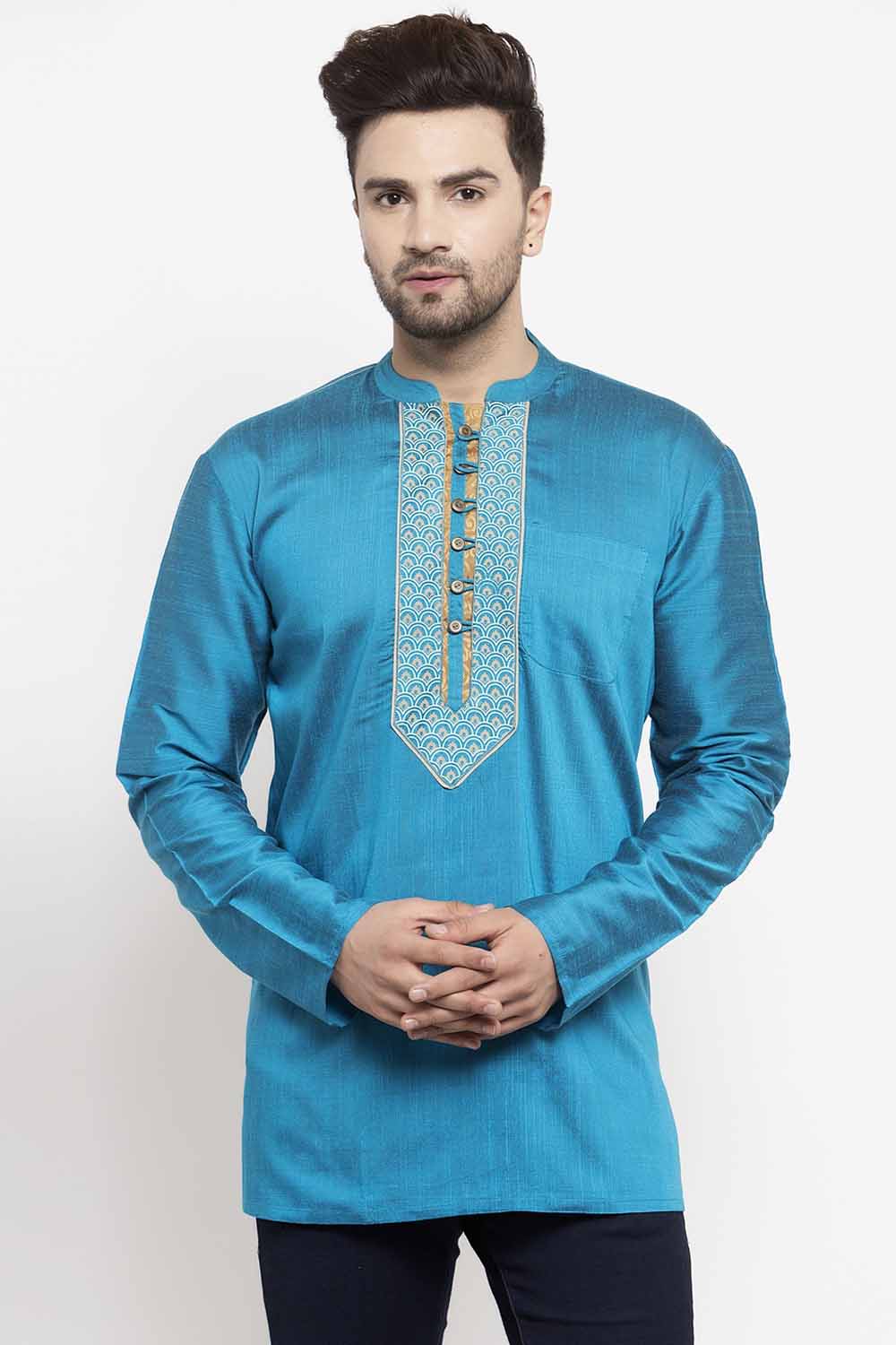 Men s Cotton Art Silk Embroidery Short Kurta Top in Blue XL