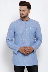 Buy Men's Blended Cotton Solid Short Kurta in Sky Blue