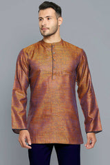 Men's Golden Polyester Cotton Weave Full Sleeves Short Kurta