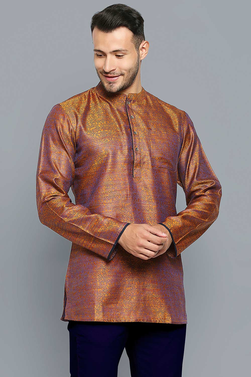 Men's Golden Polyester Cotton Weave Full Sleeves Short Kurta