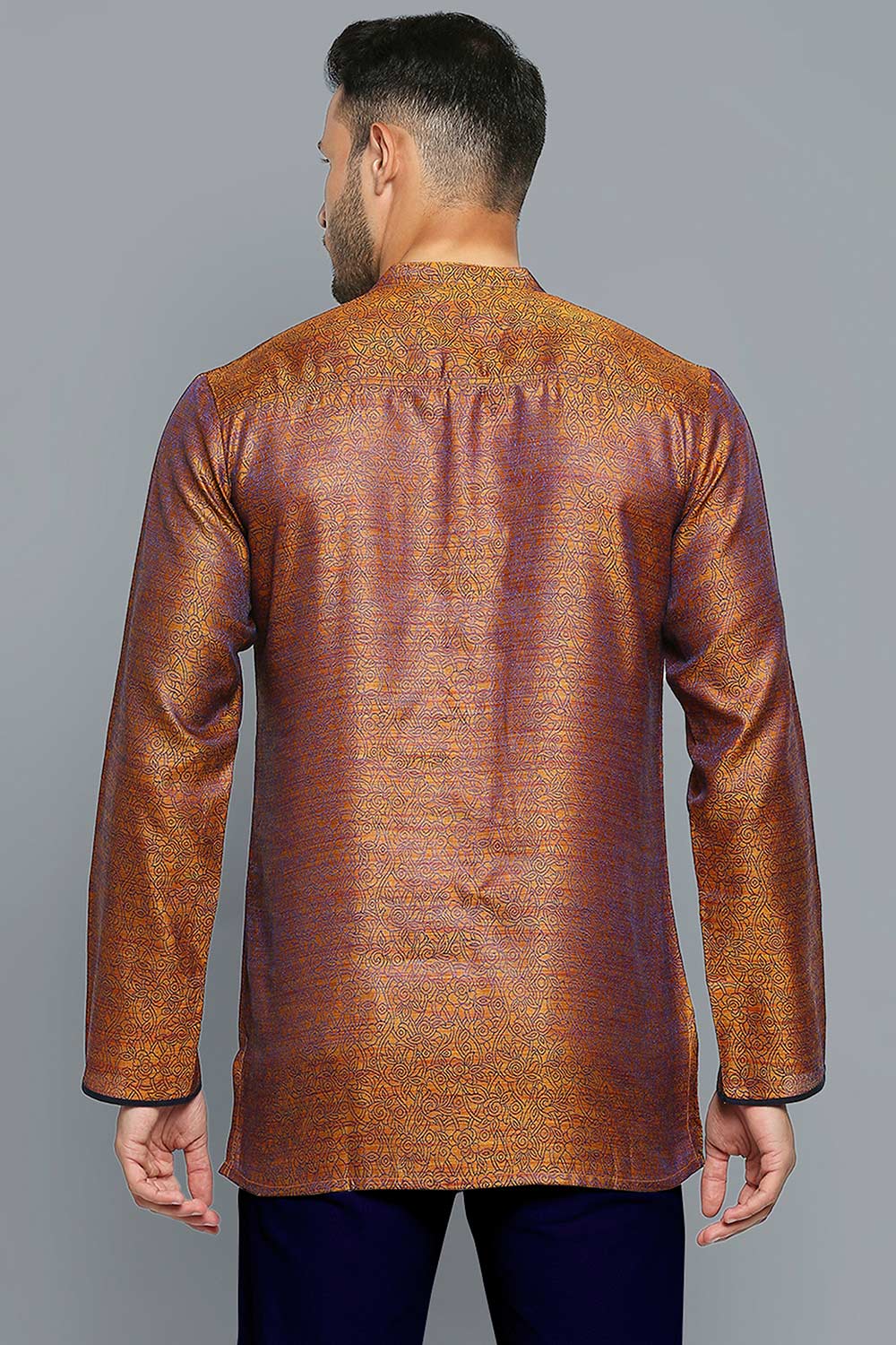 Men's Golden Polyester Cotton Weave Full Sleeves Short Kurta