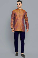 Men's Golden Polyester Cotton Weave Full Sleeves Short Kurta