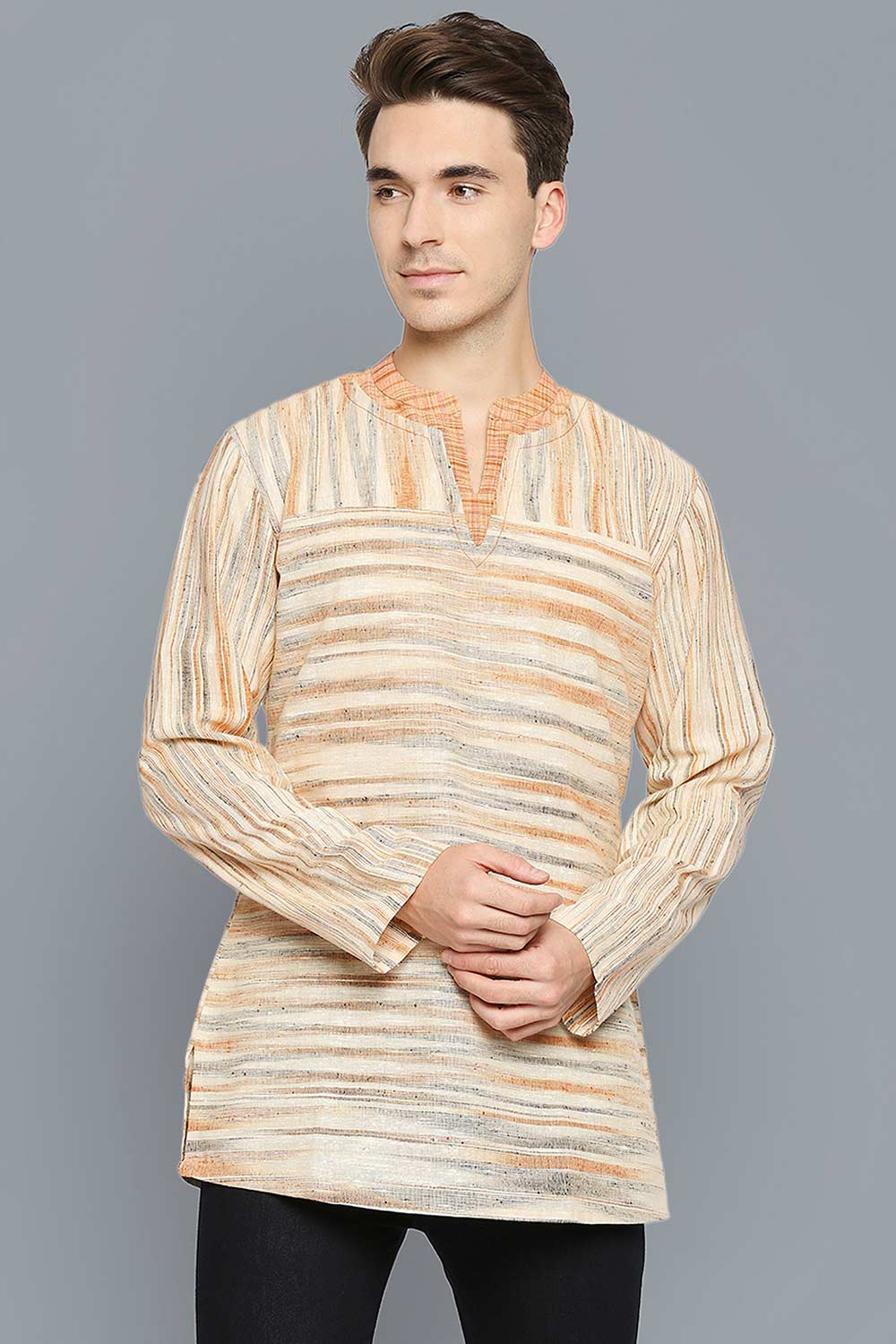 Men's Beige Cotton Handloom Full Sleeves Short Kurta