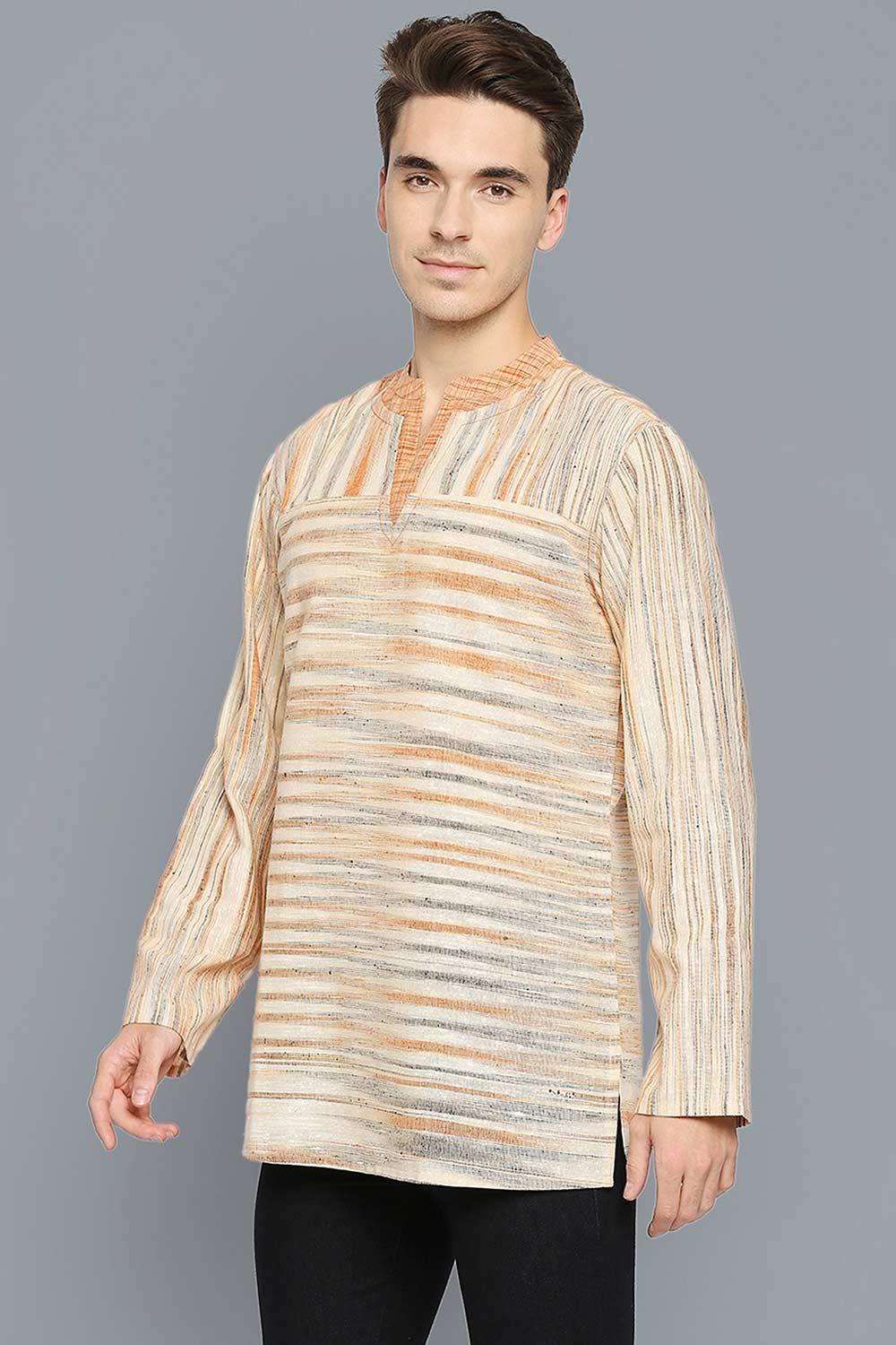 Men's Beige Cotton Handloom Full Sleeves Short Kurta