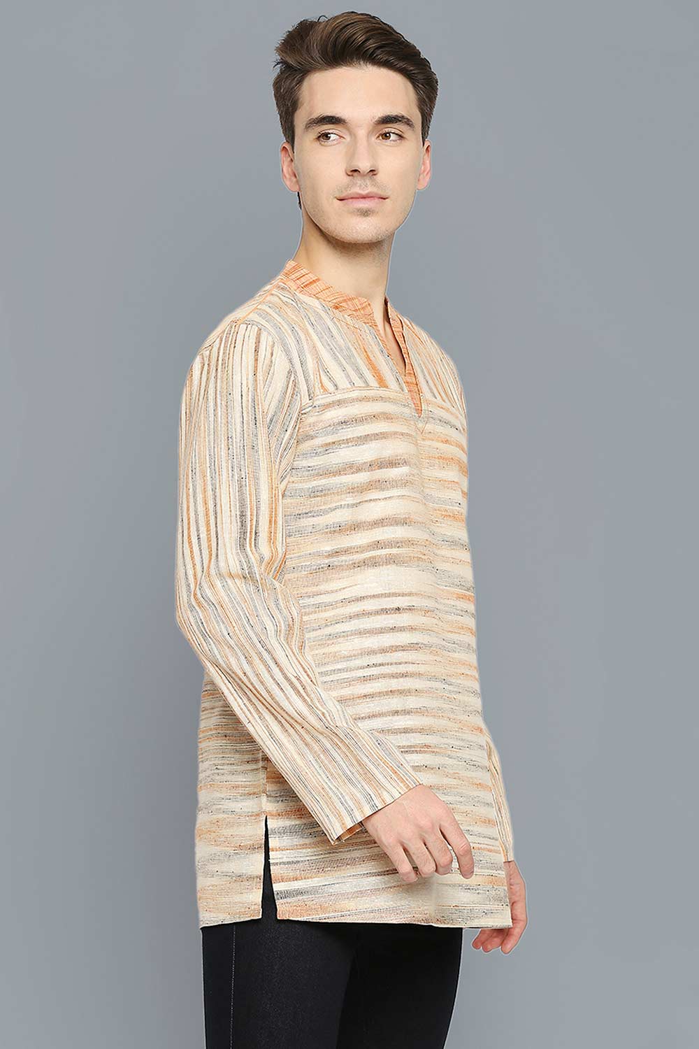 Men's Beige Cotton Handloom Full Sleeves Short Kurta