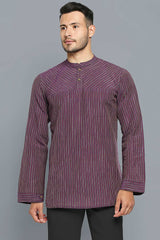 Men's Burgundy Cotton Handloom Full Sleeves Short Kurta