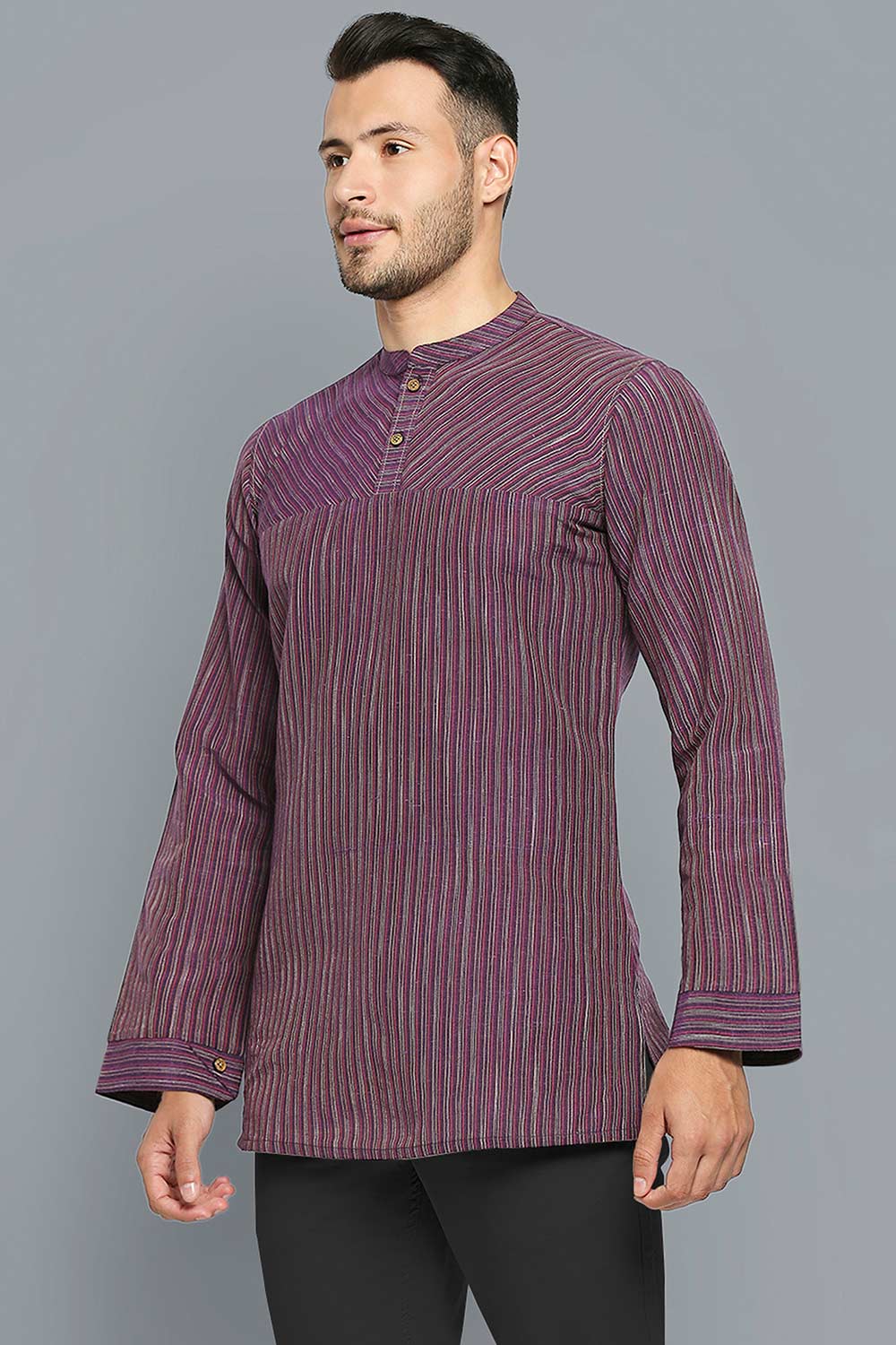 Men's Burgundy Cotton Handloom Full Sleeves Short Kurta