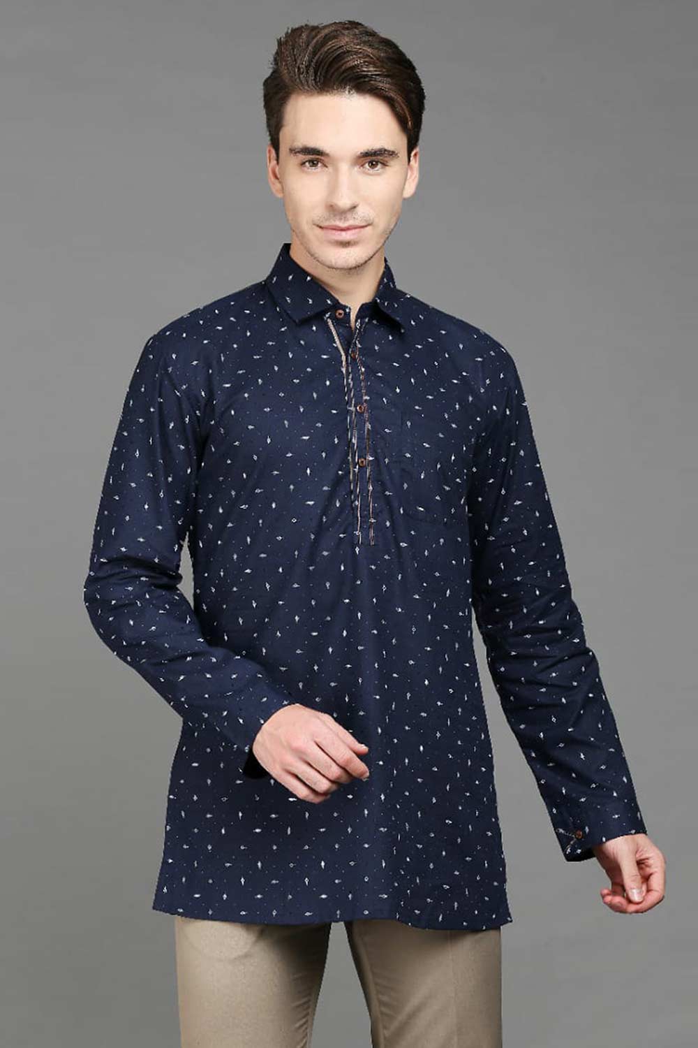 Men's Navy Blue Cotton Solid Full Sleeves Short Kurta