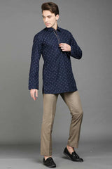 Men's Navy Blue Cotton Solid Full Sleeves Short Kurta