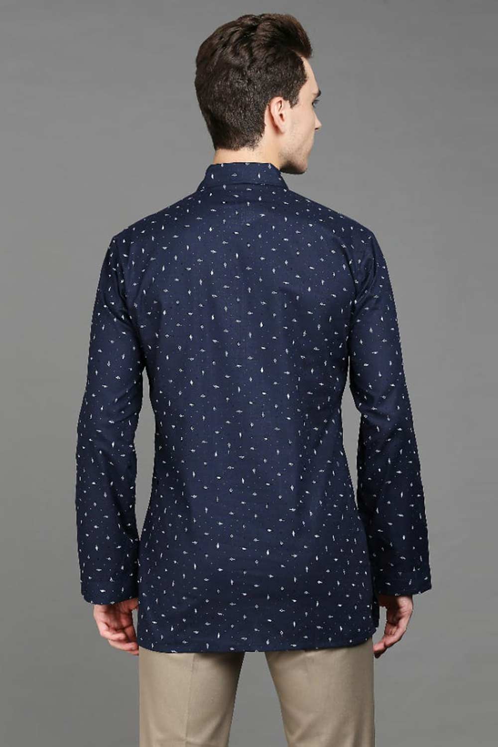 Men's Navy Blue Cotton Solid Full Sleeves Short Kurta