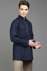 Men's Navy Blue Cotton Solid Full Sleeves Short Kurta