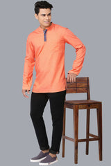 Men's Saffron Polyester Cotton Blended Full Sleeves Short Kurta