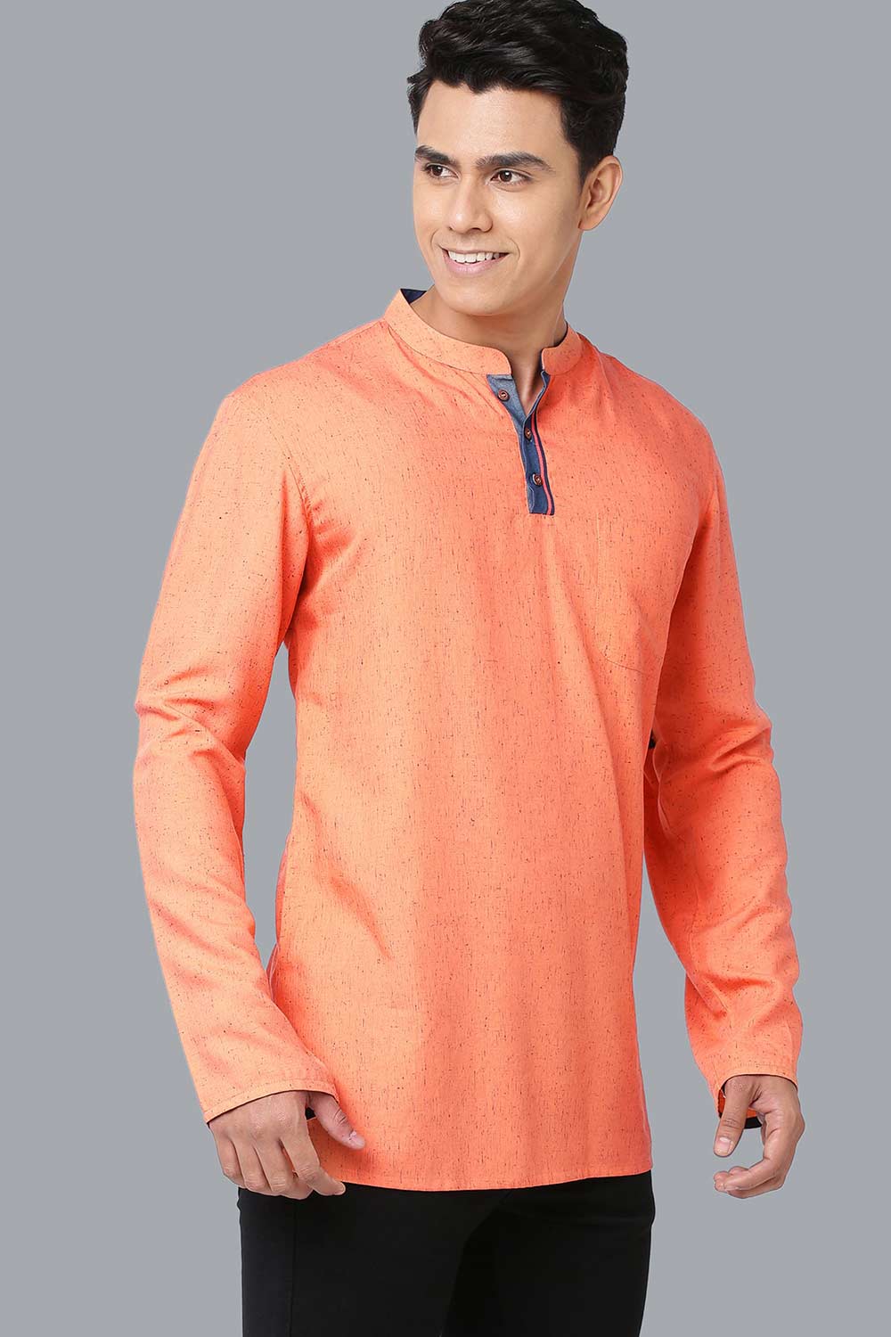 Men's Saffron Polyester Cotton Blended Full Sleeves Short Kurta