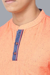 Men's Saffron Polyester Cotton Blended Full Sleeves Short Kurta