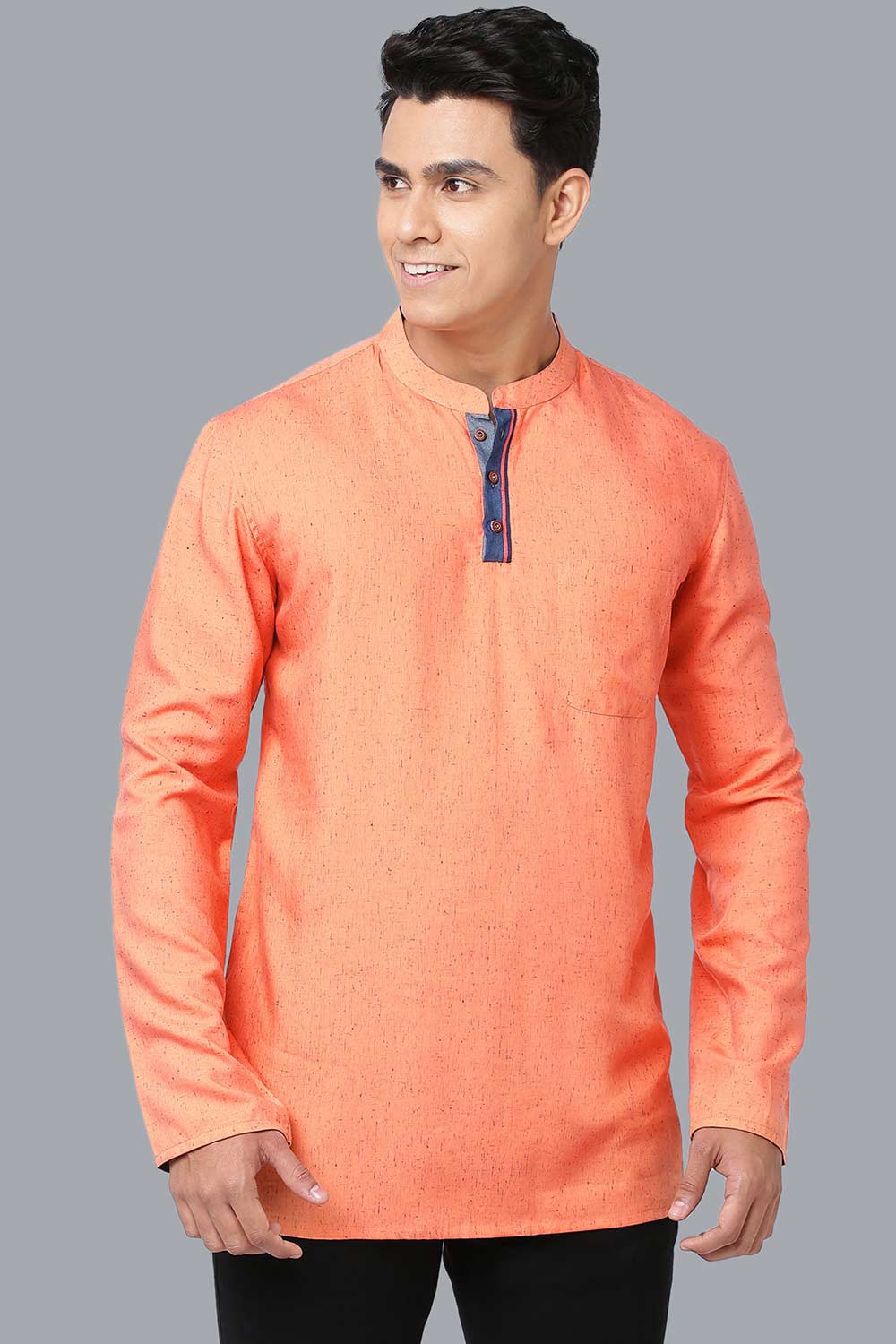 Men's Saffron Polyester Cotton Blended Full Sleeves Short Kurta