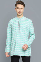 Men's Green And White Cotton Embroidered Full Sleeves Short Kurta