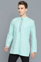 Men's Green And White Cotton Embroidered Full Sleeves Short Kurta