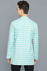 Men's Green And White Cotton Embroidered Full Sleeves Short Kurta