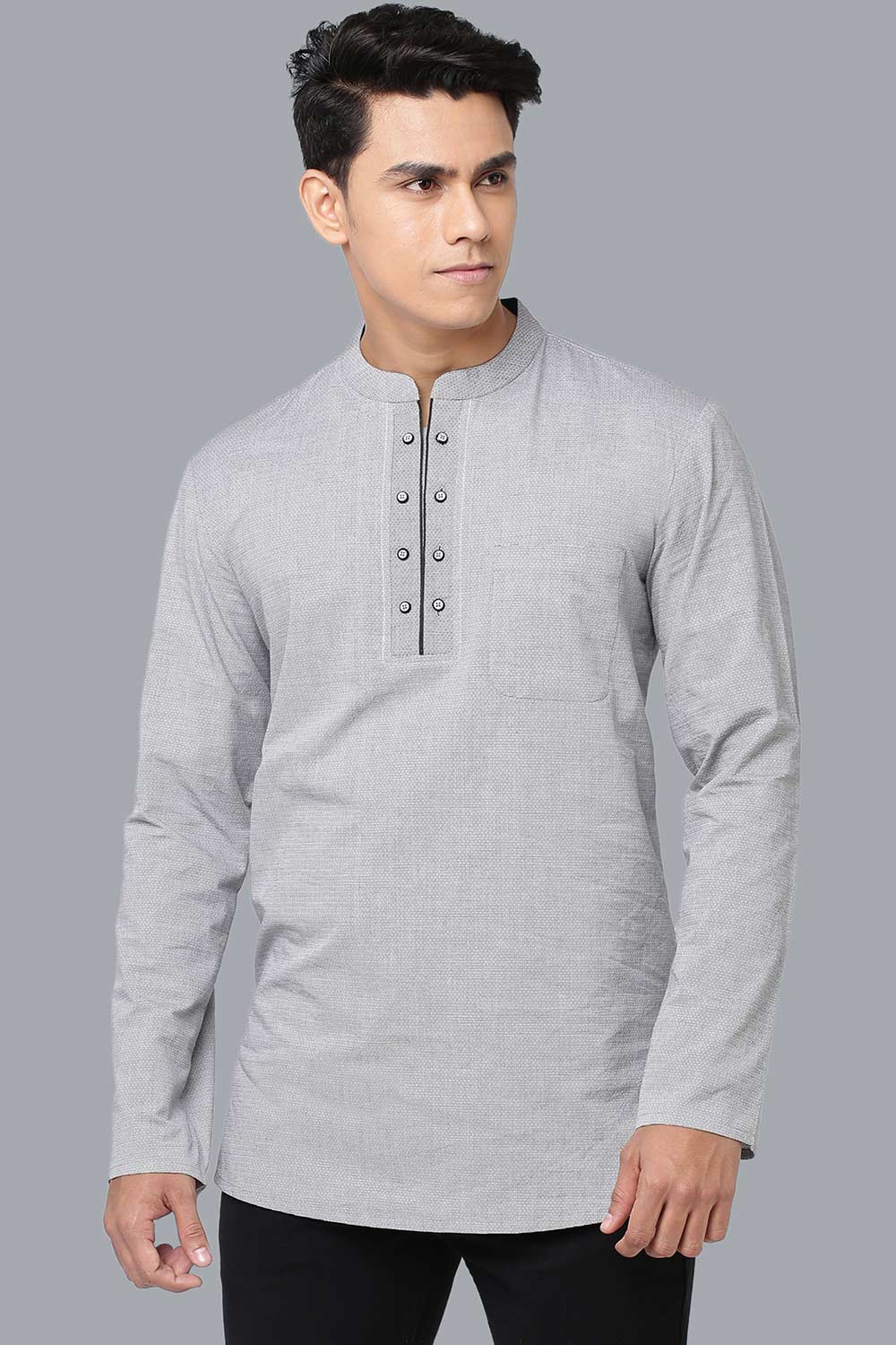 Men's Grey Cotton  Full Sleeves Short Kurta