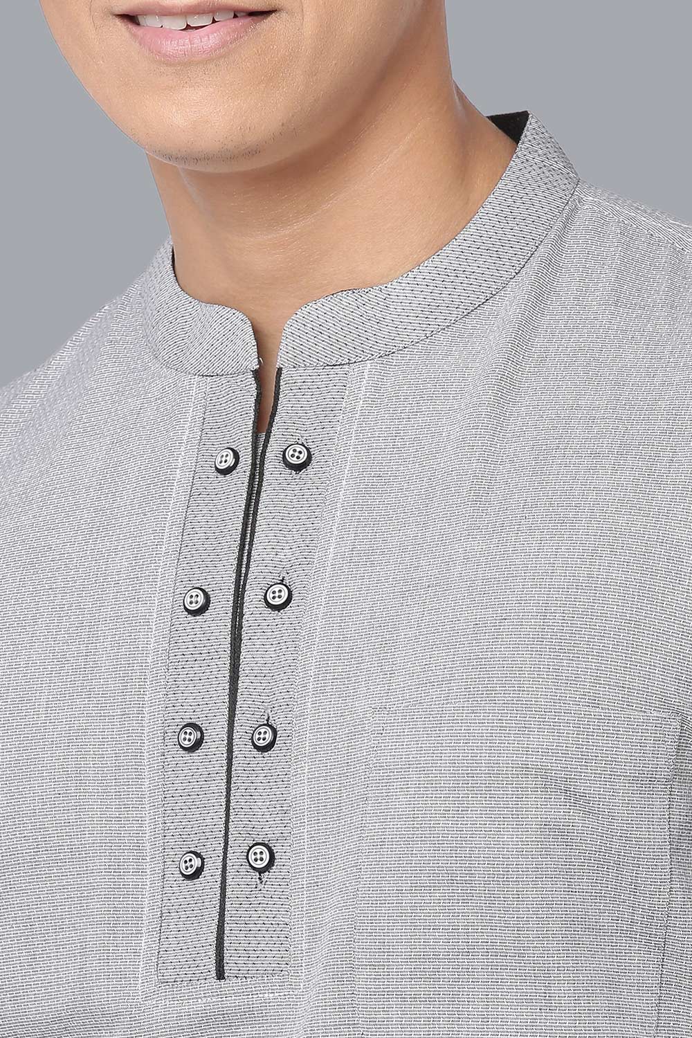 Men's Grey Cotton  Full Sleeves Short Kurta