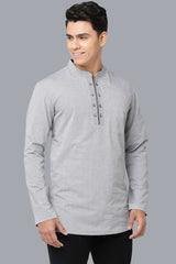 Men's Grey Cotton  Full Sleeves Short Kurta