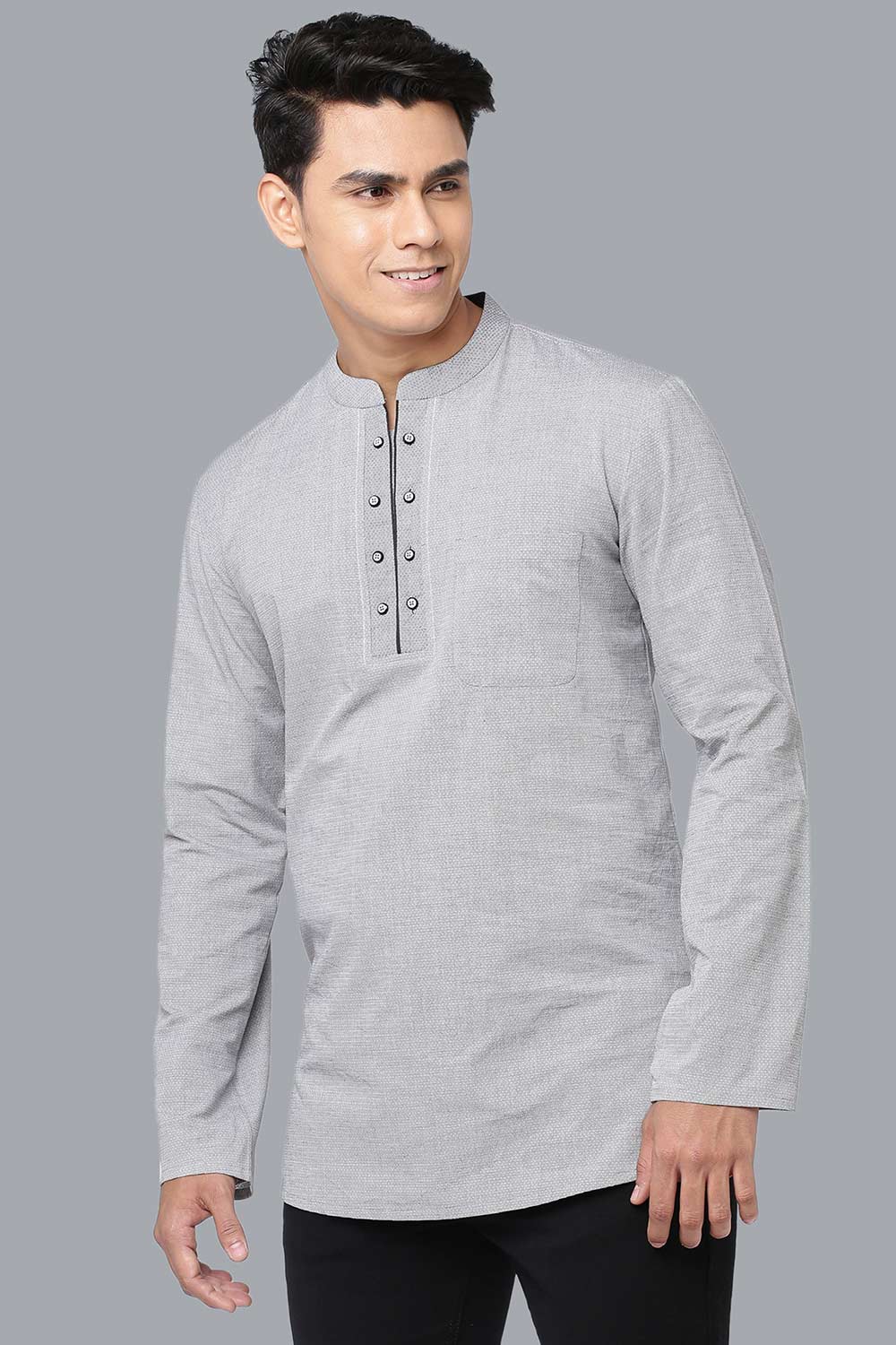 Men's Grey Cotton  Full Sleeves Short Kurta