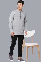 Men's Grey Cotton  Full Sleeves Short Kurta